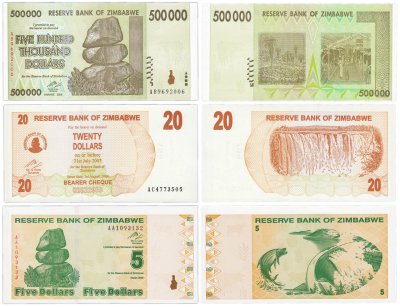 купить Зимбабве набор из 3 банкнот 5, 20, 500000 долларов 2007 - 2009