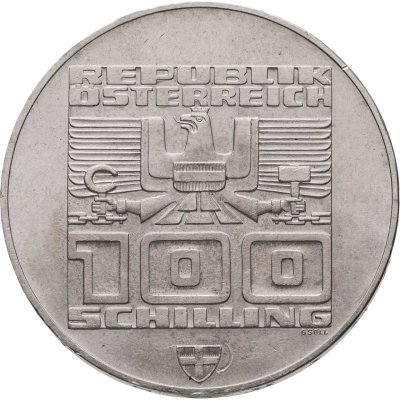 купить Австрия 100 шиллингов 1975 "XII зимние Олимпийские Игры, Инсбрук 1976 - Лыжник" UNC, Вена, в капсуле