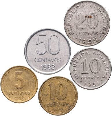 купить Аргентина, набор из 5 монет 5, 10, 20, 50 сентаво 1951-1992