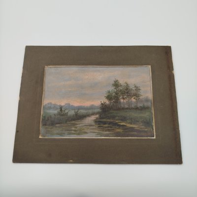 купить Картина "Вечерний пейзаж с водоемом" в паспарту, подпись "Федоровъ", картон, масло, Россия, 1970-2000 гг.