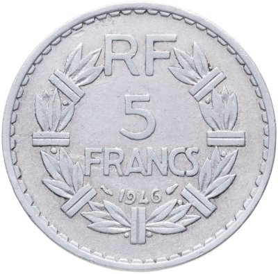 купить Франция 5 франков (francs) 1946 Алюминий /серый цвет/ Без отметки монетного двора
