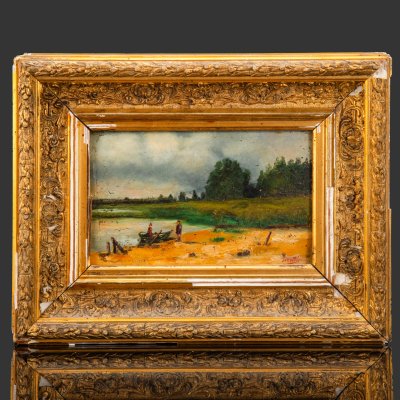 купить Картина "У реки" (условное название) в раме, с дарственной на обороте, автор А.И. Тренти, дерево, масло, Западная Европа, 1887 г.