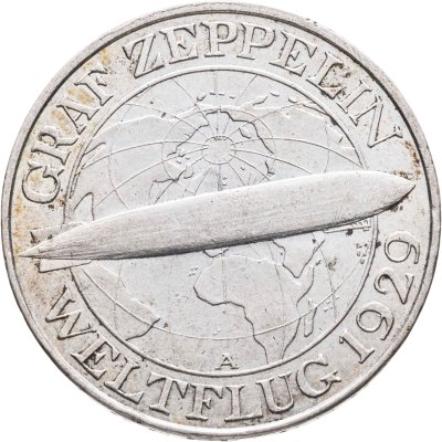 купить Германия 3 рейхсмарки (reichsmark) 1930 A Полёт дирижабля "Граф Цеппелин" знак монетного двора "A" — Берлин