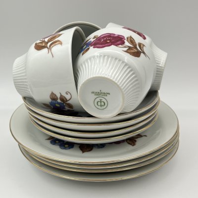 купить Набор чайно-кофейных трио с цветочным декором на 4 персоны, фарфор, деколь, золочение, Colditz (Кольдиц), ГДР, 1960-1980 гг.