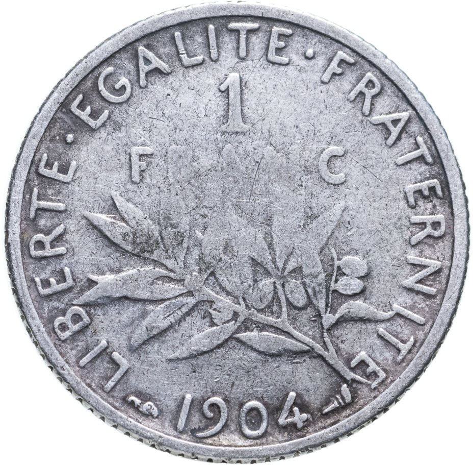 Монета Франция 1 франк 1904 стоимостью 750 руб.