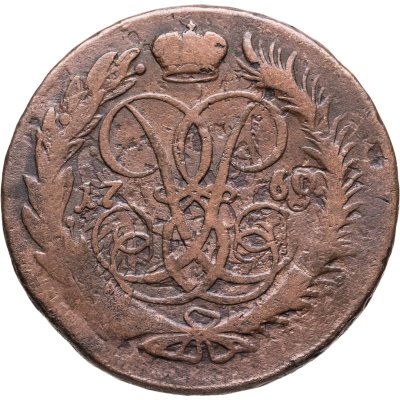 купить 2 копейки 1760 номинал под св. Георгием, гурт сетчатый, перечекан из облачной копейки