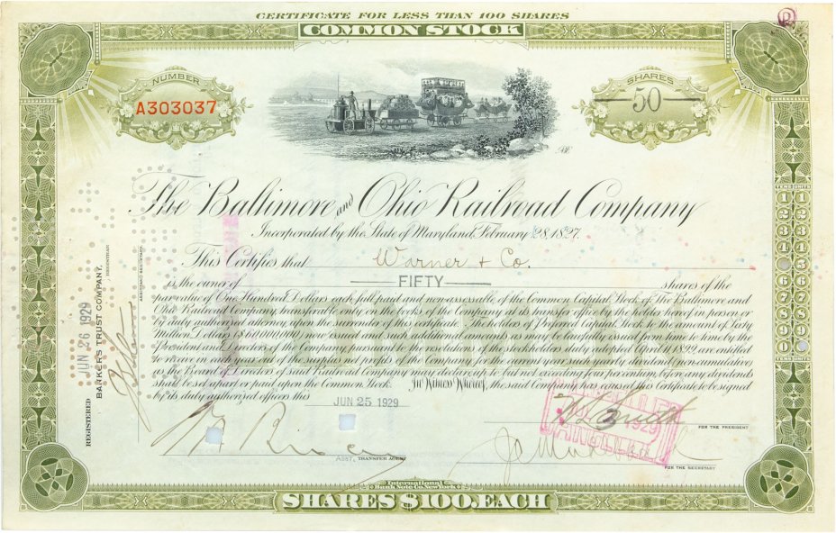 купить Акция США The Baltimore and Ohio Railroad Company 1929 г.