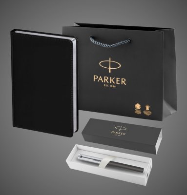 Купить Подарочный набор: Шариковая ручка Parker "Beta Premium Silver" и Ежедневник черный, Металлы: нержавеющая сталь, пластик, 2026 г.
