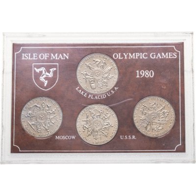 купить Остров Мэн набор из 4-х монет 1 крона (crown) 1980 Олимпийские игры в Москве и Лейк-Плэсиде, в памятном футляре