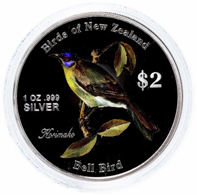 купить Острова Кука 2 доллара 2005 "Птицы Новой Зеландии - Медосос-колокольчик" с сертификатом