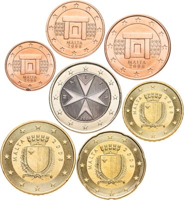купить Мальта набор из 7 монет евро 2008 (1 евро и 50, 20, 10, 5, 2, 1 евроцентов)