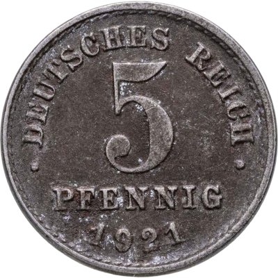 купить Германия, Веймарская республика 5 пфеннигов (pfennig) 1921 J