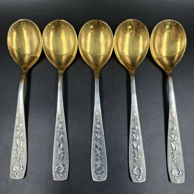 купить Набор из пяти столовых ложек "Хмель", мНЦ (медь-никель-цинк), золочение, Завод «Проминь», СССР, 1970-1990 гг.