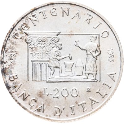 купить Италия 200 лир 1993 100 лет банку Италии