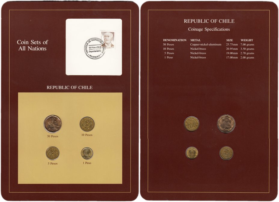 купить Серия "Наборы монет всех стран мира" - Чили (набор из 4 монеты и 1 марка в буклете)