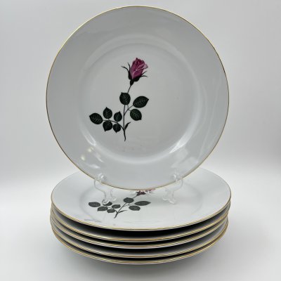 купить Набор из 6-ти обеденных тарелок с изображением розы, фарфор, деколь, золочение, Kahla, ГДР, 1968-1987 гг.