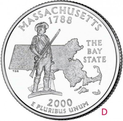 Купить США 25 центов (квотер) 2000 D — штат Массачусетс