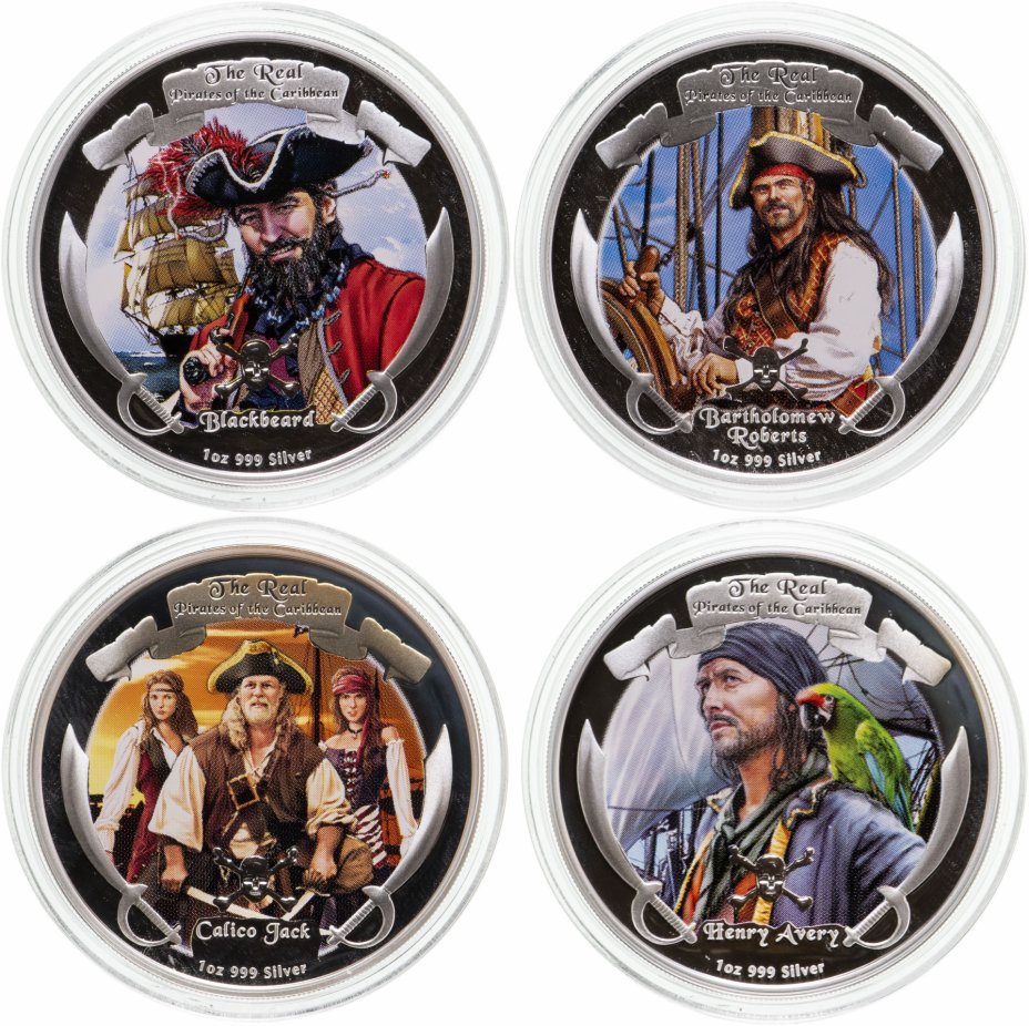 купить Ниуэ набор из 4-х монет 2 доллара 2011 "Пираты Карибского моря" в футляре с сертификатом