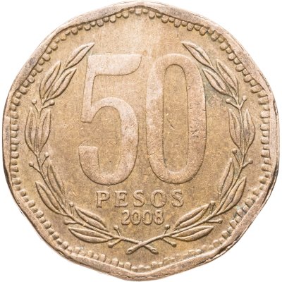 купить Чили 50 песо (pesos) 2008 Правильная надпись "CHILE", Надпись "R.Thenot"