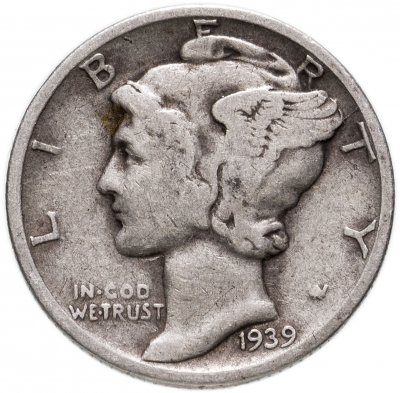 Купить США 10 центов (дайм, one dime) 1939 Mercury Dime Без отметки монетного двора