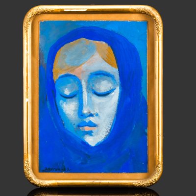 купить Картина "Женский портрет", выполненная в синей гамме и оформленная в раму, подпись "Звягин 69 г." (Звягин Михаил Леонидович, 1931-2022 гг.), картон, гуашь, металл, стекло, СССР, 1969 г.