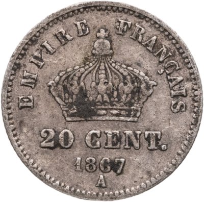 купить Франция 20 сантимов (centimes) 1867, знак монетного двора: "A" - Париж