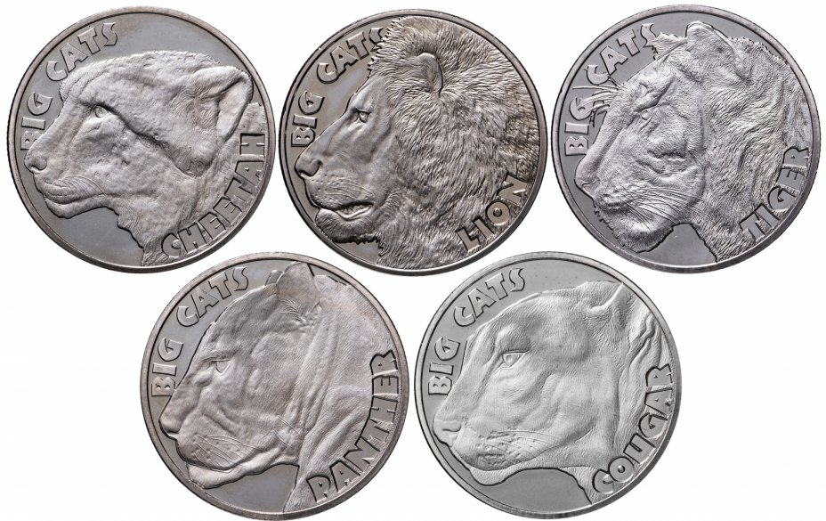 купить Сьерра-Леоне 1 доллар 2020 набор из 5-ти монет "Большие кошки: лев, тигр, гепард, пантера, пума"