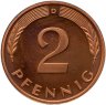 Купить Германия 2 пфеннига (pfennig) 1980, знак монетного двора: "D" - Мюнхен