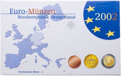 купить Германия 2002 набор из 8-ми монет евро Proof в официальном пластике Монетный двор Гамбург J