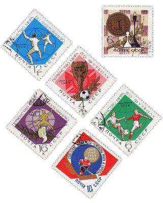 купить Набор из 6 марок 4, 6, 10, 12, 16 копеек "Спорт в СССР" 1966
