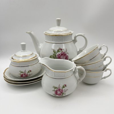 купить Сервиз на 3 персоны (9 предметов), украшенный изображением розы, фарфор, деколь, золочение, Thun (Тун), Чехословакия, 1970-1992 гг.