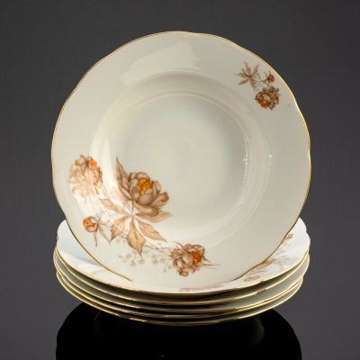 Купить Набор из 6 обеденных тарелок с цветочным узором, фарфор, деколь, золочение, Moritz Zdekauer (MZ), Чехословакия, 1945-1990 гг.