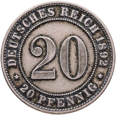 купить Германия 20 пфеннигов (pfennig) 1892 Знак монетного двора: "A" - Берлин
