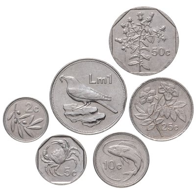 купить Мальта набор 6 монет 2, 5, 10, 25, 50 центов + 1 лира 1991 - 2004 UNC