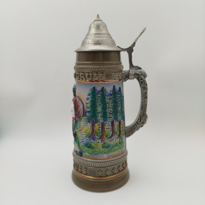 купить Пивная кружка с крышкой (1 литр) "Для хорошего здоровья ходите пешком", керамика, рельеф, крытье, люстр, крышка- сплав металлов, Original King, Австрия, 1990-2010 гг.