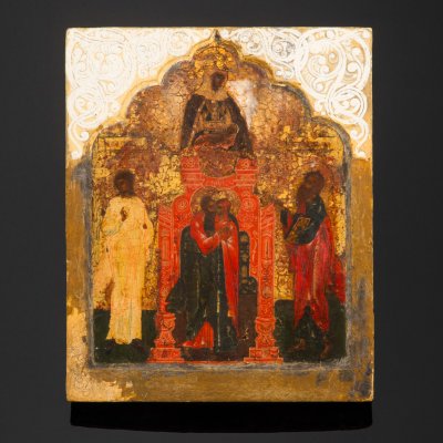 купить Икона "Зачатие Богоматери" ("Встреча (целование) праведных Иоакима и Анны у Золотых ворот"), [редкий образ], дерево, темпера, Российская империя, 1880-1910 гг.