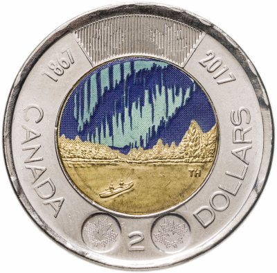 купить Канада 2 доллара (dollars) 2017 150 лет Конфедерации Канада - Полярное сияние, Цветное покрытие