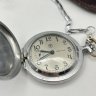 Купить Часы карманные «Молния» с растительным декором, в оригинальном чехле, металл, стекло, искусственная кожа, Челябинский часовой завод «Молния», СССР, 1970-1980 гг.