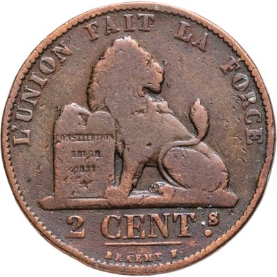 купить Бельгия 2 сантима (centimes) 1874 Надпись на французском - 'DES BELGES'