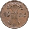 Купить Германия 1 рейхспфенниг (reichspfennig) 1934 F  знак монетного двора "F" — Штутгарт