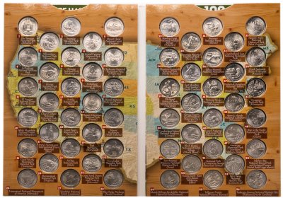 купить США набор монет 1/4 доллара (25 центов, квотер) 2010-2021 из серии "Прекрасная Америка" национальные парки (56 штук) в альбоме