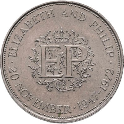 купить Великобритания 25 новых пенсов (new pence) 1972 серебряная свадьба Елизаветы II медно-никелевый сплав
