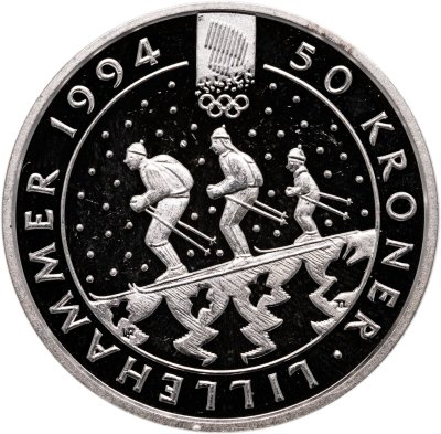 купить Норвегия 50 крон (kroner) 1991 XVII Зимние олимпийские игры, Лиллехаммер 1994 - Семья на лыжах