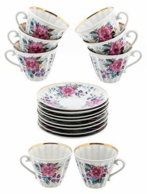 Купить Набор чайных пар "Март" на 8 персон, фарфор, деколь, Ленинградский фарфоровый завод (ЛФЗ), СССР, 1970-1986 гг.