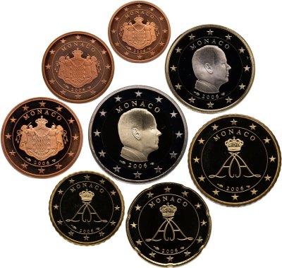 купить Монако 2006 набор из 8-ми монет PROOF в футляре с сертификатом