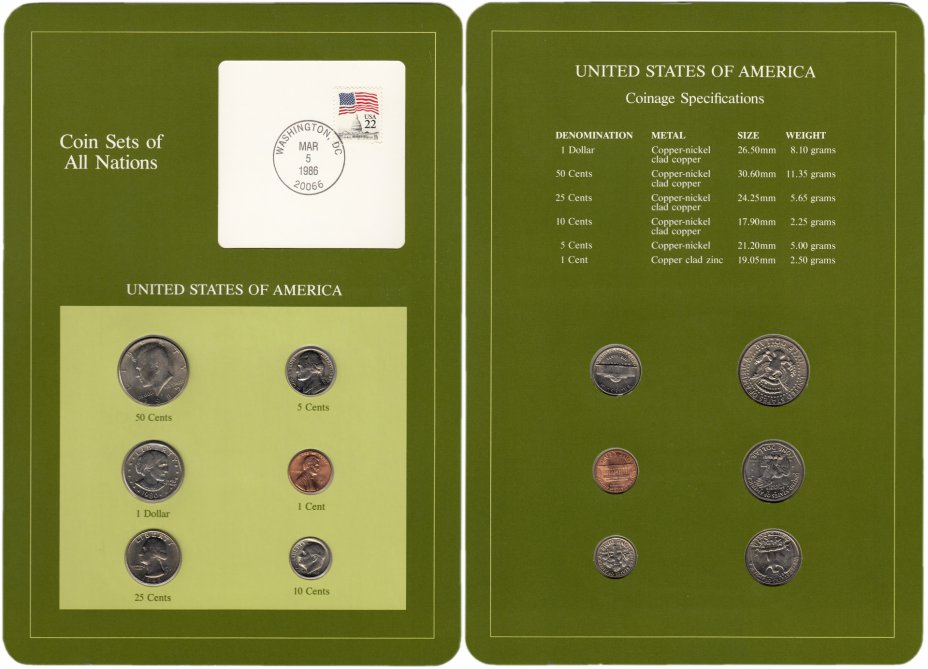 купить Серия "Наборы монет всех стран мира" - США (набор из 6 монет и 1 марки в буклете)