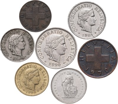купить Швейцария набор из 7 монет 1, 2, 5, 10, 20 раппенов (rappen) и 1/2 франка 1955-1990