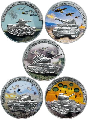 купить Либерия 5 долларов 2008 Proof Набор из 5 монет «Танки Второй Мировой войны» в подарочной упаковке с сертификатом