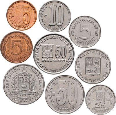 купить Венесуэла, набор из 9 монет 5, 10, 25, 50 сентимо, 1, 50 боливаров 1965-2009
