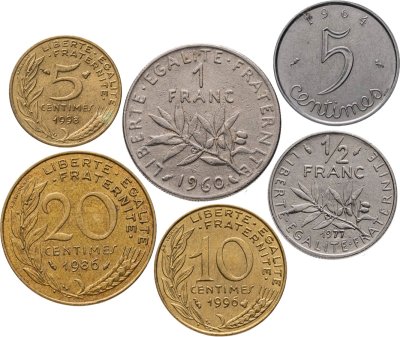 купить Франция набор из 6 монет 5, 10, 20 сантимов, 1/2, 1 франков 1960-1998